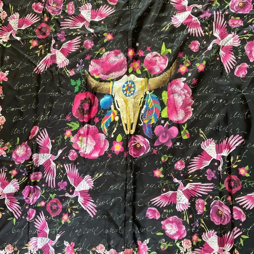 Johnny Was Large Floral Longhorn Skull Silk Scarf With Tassels